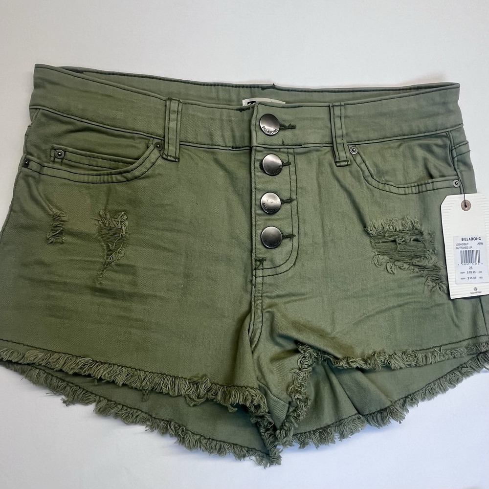 NWT Billabong Shorts Womens Size S 25  Button Fly Olive Green Distressed Cut Off